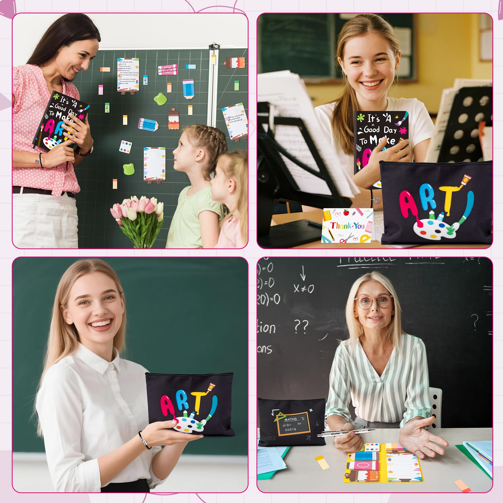 B1ykin Teacher Appreciation Gifts Set - 6pcs Best Teacher Ever Thank You Gifts with PU Notebook, Sticky Notes, Makeup Bag, Bracelet, Pen, Thank You Card for Coworkers Teachers (Art)