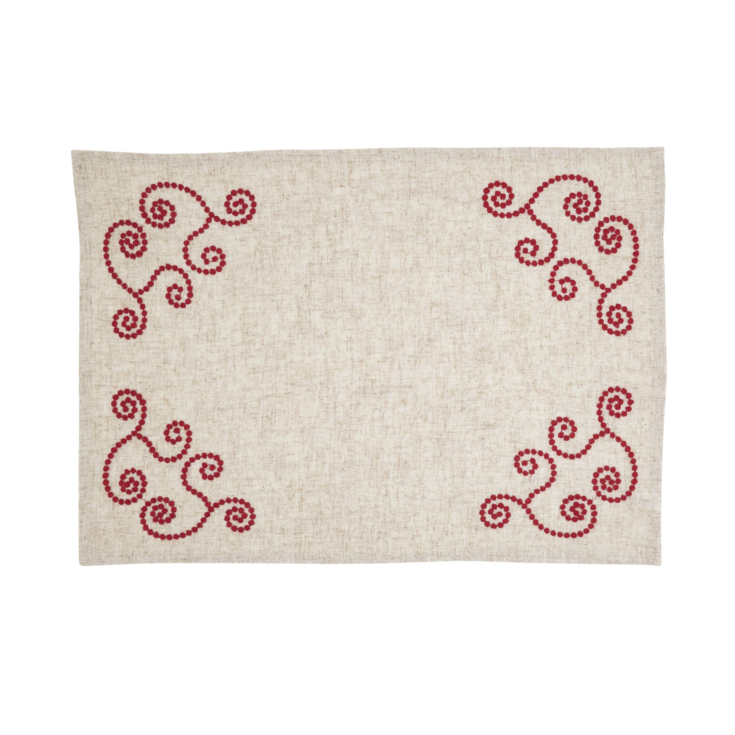 SARO LIFESTYLE Embroidered Scroll Linen Blend Placemats (Set of 4) - Decorative Farmhouse Placemats with Corner Embroidery for Everyday Dining, Kitchen Tables and Casual Entertaining, 14"x20", Red