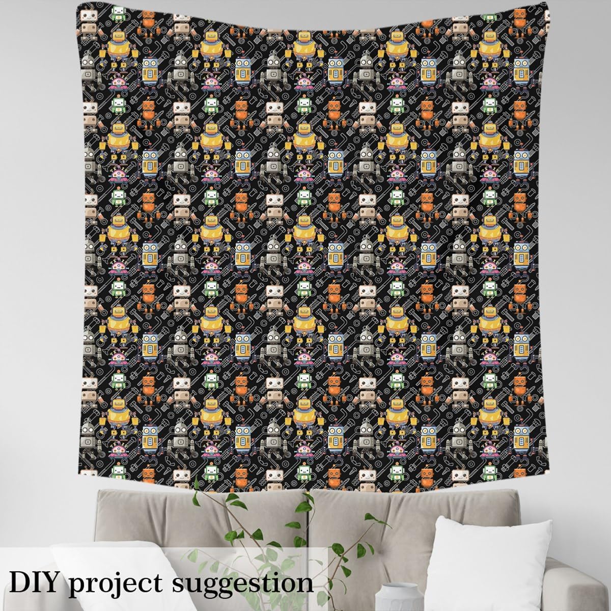 Robots Black Fabric by The Yard,Colorful Intelligent Machine Equipment Graffiti Decorative Fabric for Upholstery and DIY Projects,Colorful Robot Kids Boys Precut Fabric Squres,3 Yards 108" L x 59" W