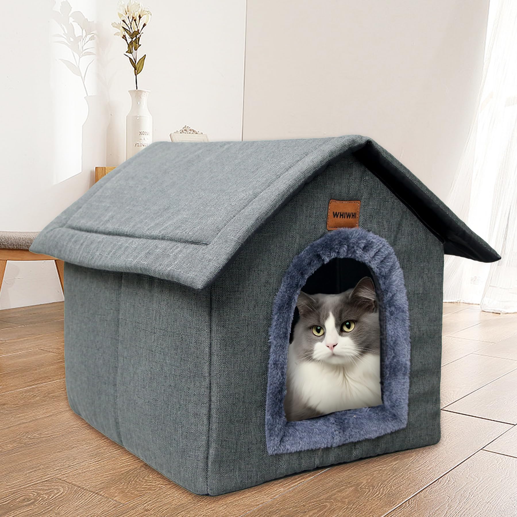Niche Pour Chat/chien Pliable - 35x30x35 Cm - Imperméable, Résistante Au Froid Avec Coussin Peluche - Gris