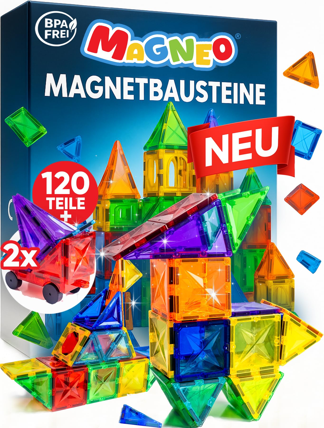 Magnetische Bausteine 120 teilig mit 2 Autos - Magnetbausteine für Kinder ab 3 Jahren - Pädagogisches Magnetspielzeug
