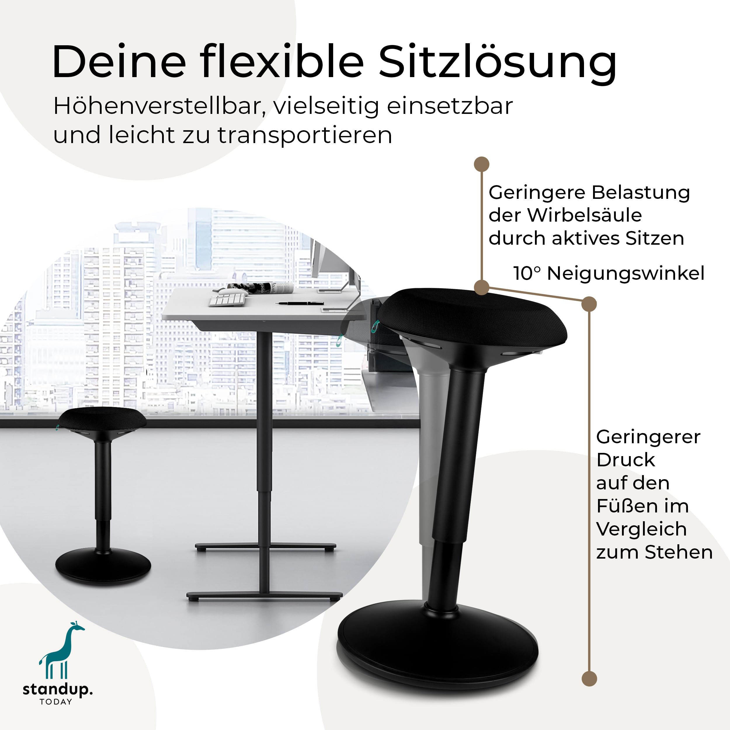 standup.Today Wackelhocker Ella (Schwarz/Schwarz) – Sitzhocker höhenverstellbar 55-80 cm – Ergonomischer Hocker für Büro & Zuhause – Bürohocker mit Schwingeffekt – Schreibtischhocker