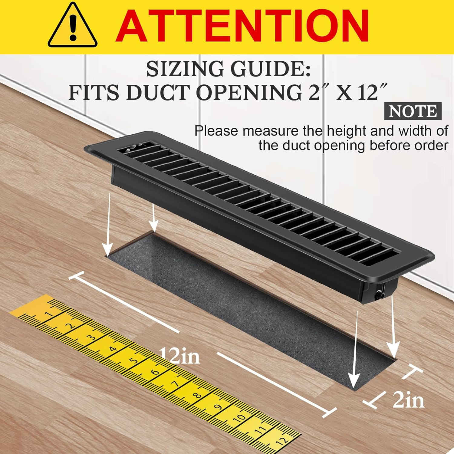 2x12 Floor Vents Heavy Duty Floor Registers, Floor Air Vent Covers 2 X 12 for Home Floor Wall Ceiling, Rust Proof Finish Registers Grilles & Vents (2, Black, 2x12 Inches)