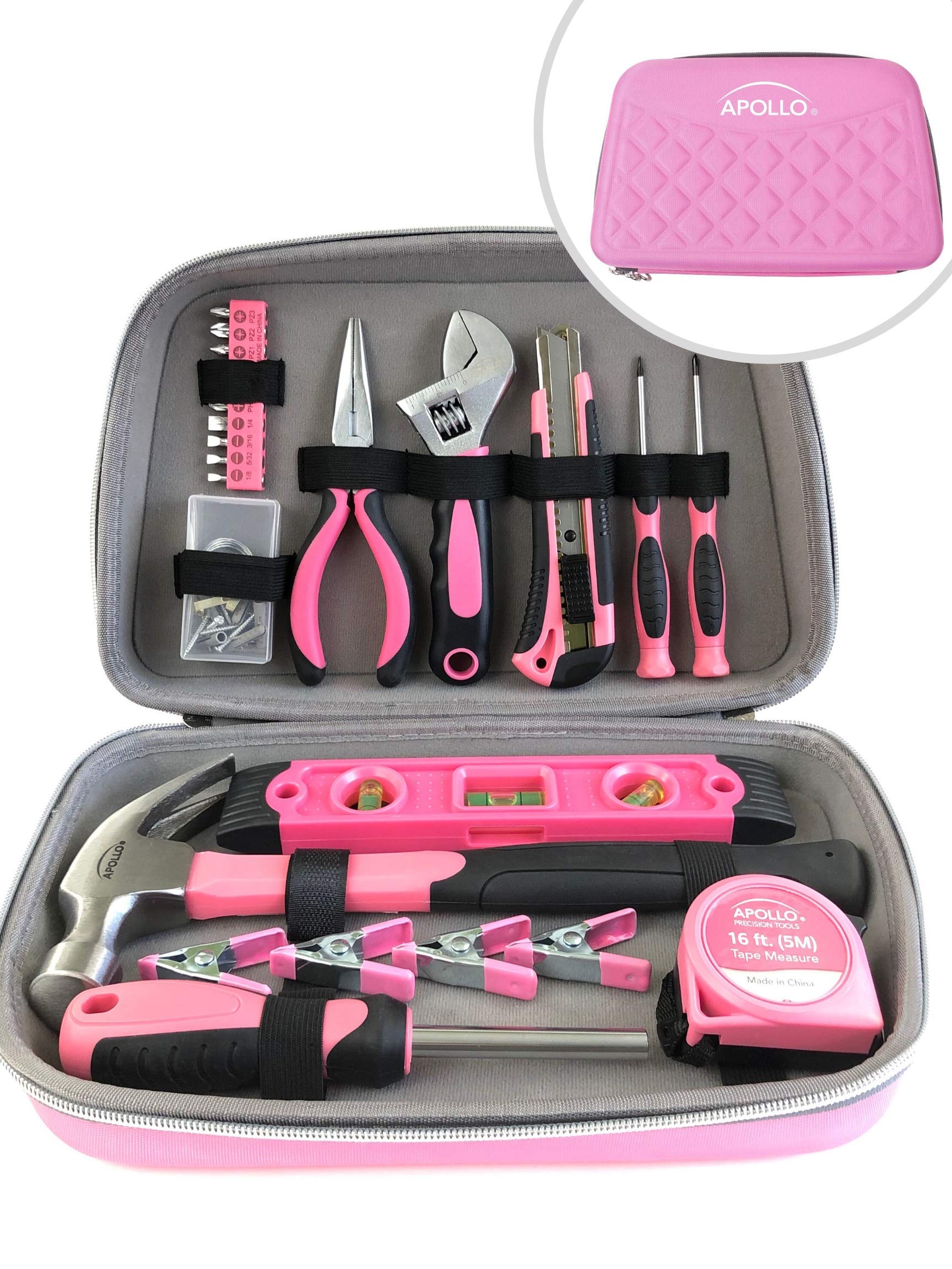 Apollo Tools 63-Piece Pink Household Tool Set in Attractive Designer Zippered Case with Pink Tool Selection - Pink Ribbon - Pink - DT5016P
