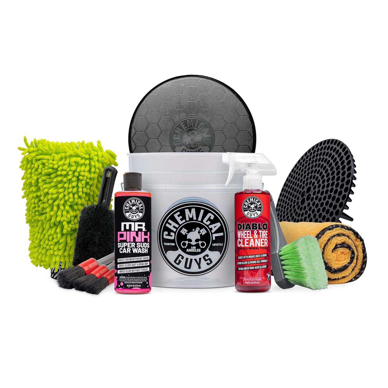 Chemical Guys Car Washing Kit - Mr Pink Car Wash Soap Diablo Wheel Cleaner Wash Bucket with Dirt
