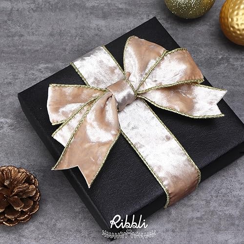 Vista 80 de Ribbli - Cinta de terciopelo dorado verde oscuro metálico con alambre de 2.5 pulgadas, cinta navideña de terciopelo arrugado para envoltura, decorar