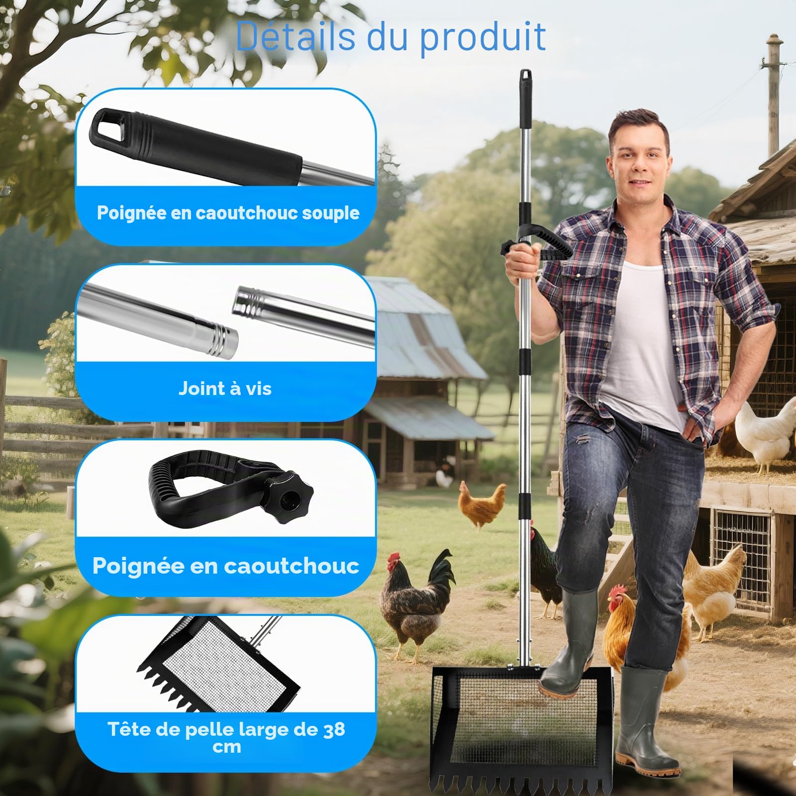 Pelle Crotte Poule Manche en Caoutchouc, Pelle à Litière pour Chat en Alliage D'aluminium de 170 cm de Long, Pelle à Fumier de Poulet avec Grande Tête, Adaptée aux Poulaillers