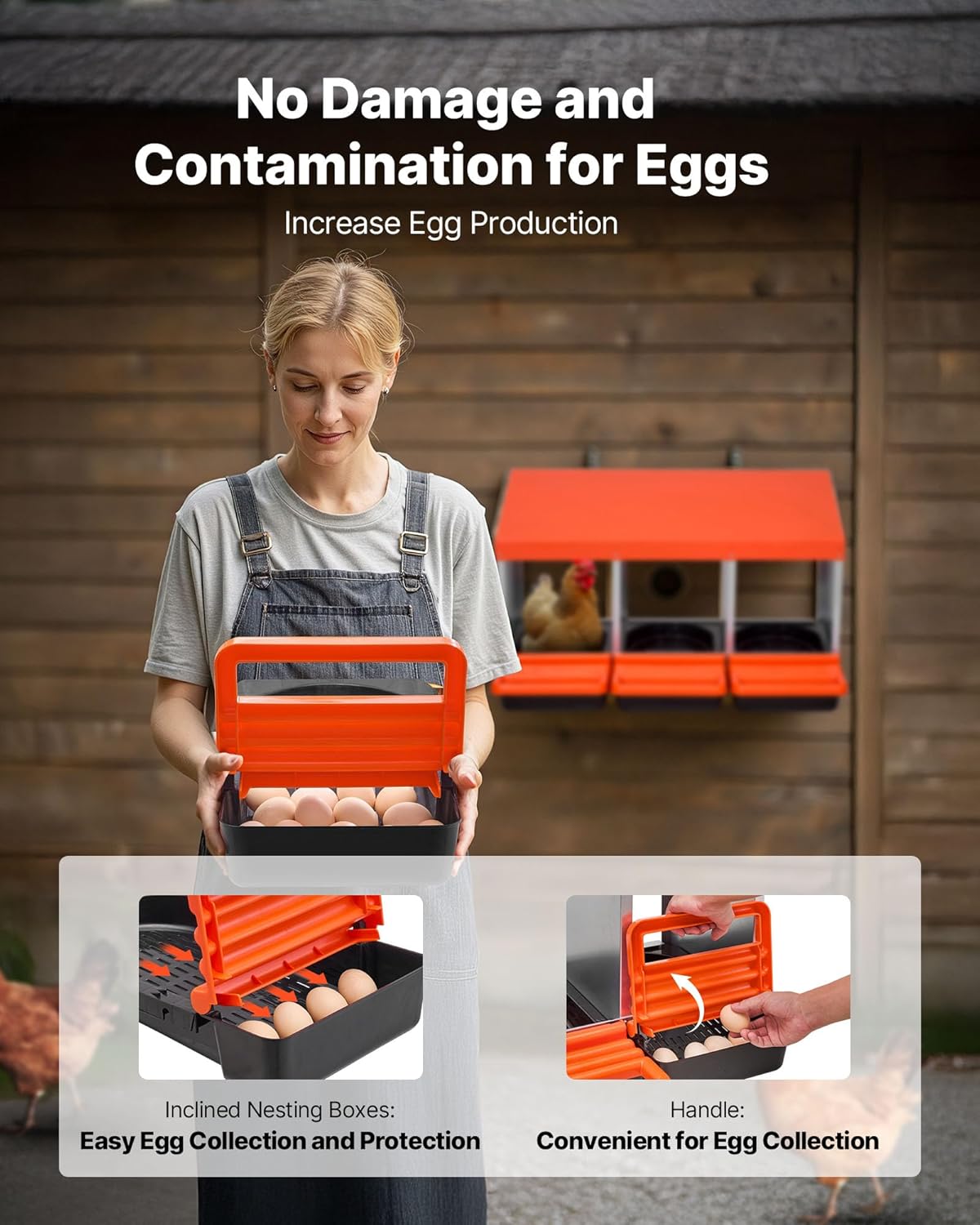 VEVOR Chicken Nesting Boxes, 3 Compartments, Metal Egg Laying Boxes with Protective Collection Lids, Roll Out Nesting Box, Easy to Assemble, Ideal for Hens, Ducks, Chickens, and Other Poultry, Orange