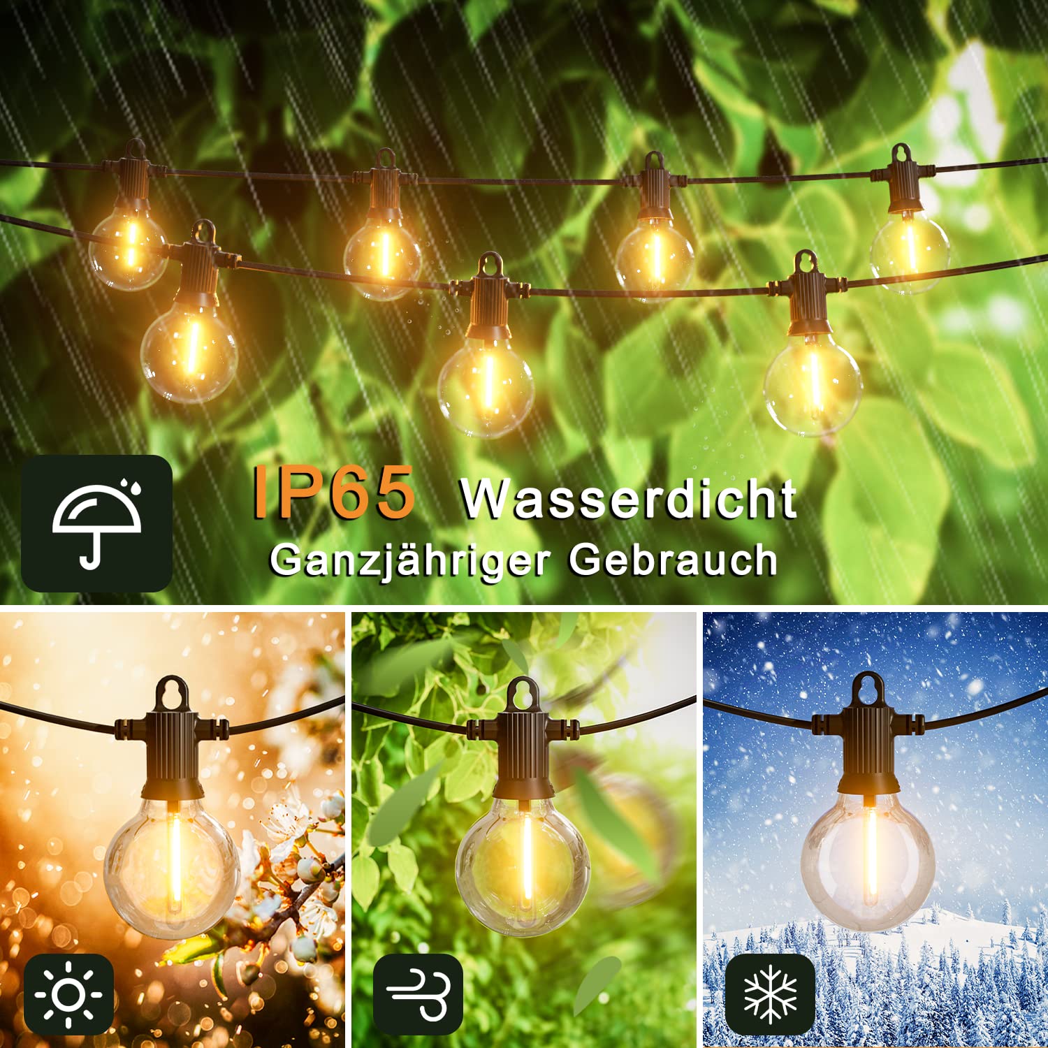 Kawaya 30M Lichterkette Außen LED mit 50+2 G40 Glühbirnen, IP65 Wasserdicht | Outdoor Lichterkette Aussen Strom Bruchsicheren Warmweiß Balkon Lichterketten für Terrasse Garten Hochzeit Hinterhof