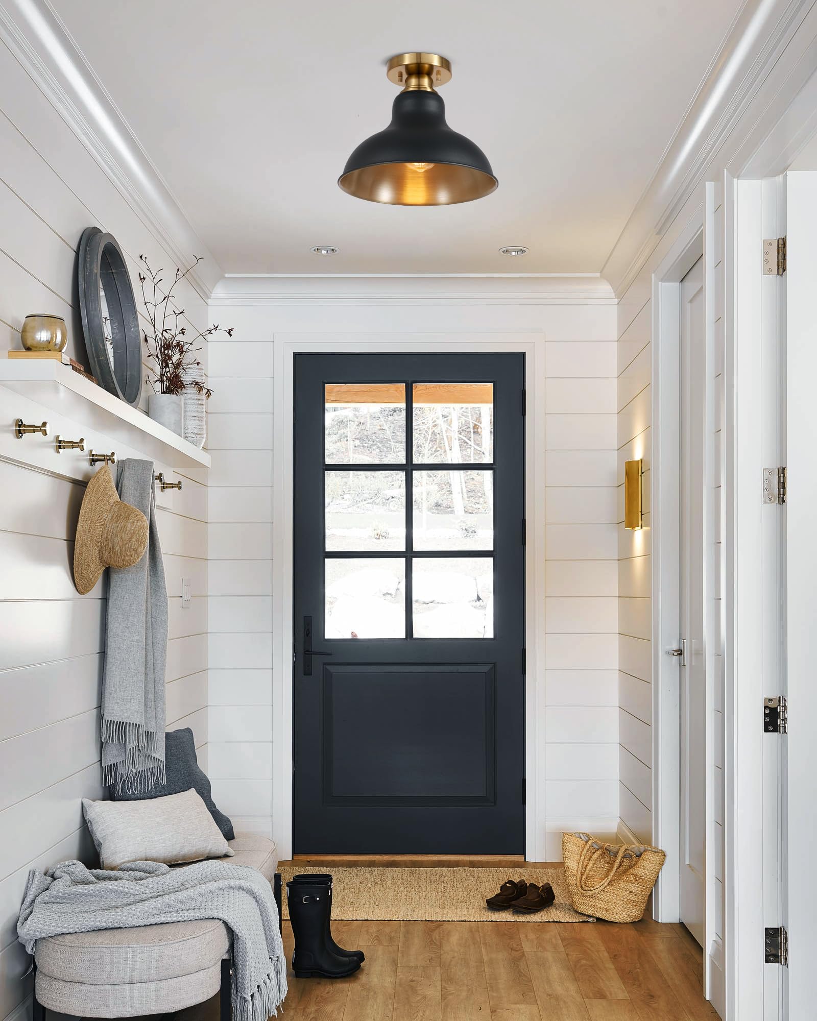 pasentel Modern Ceiling Light, Black Metal Shade with Gold Ceiling Canopy, Flush Mount Light Fixtures for Kitchen Island, Hallway, Farmhouse Dining Room, Bedroom, Living Room, XDD016-1-BK