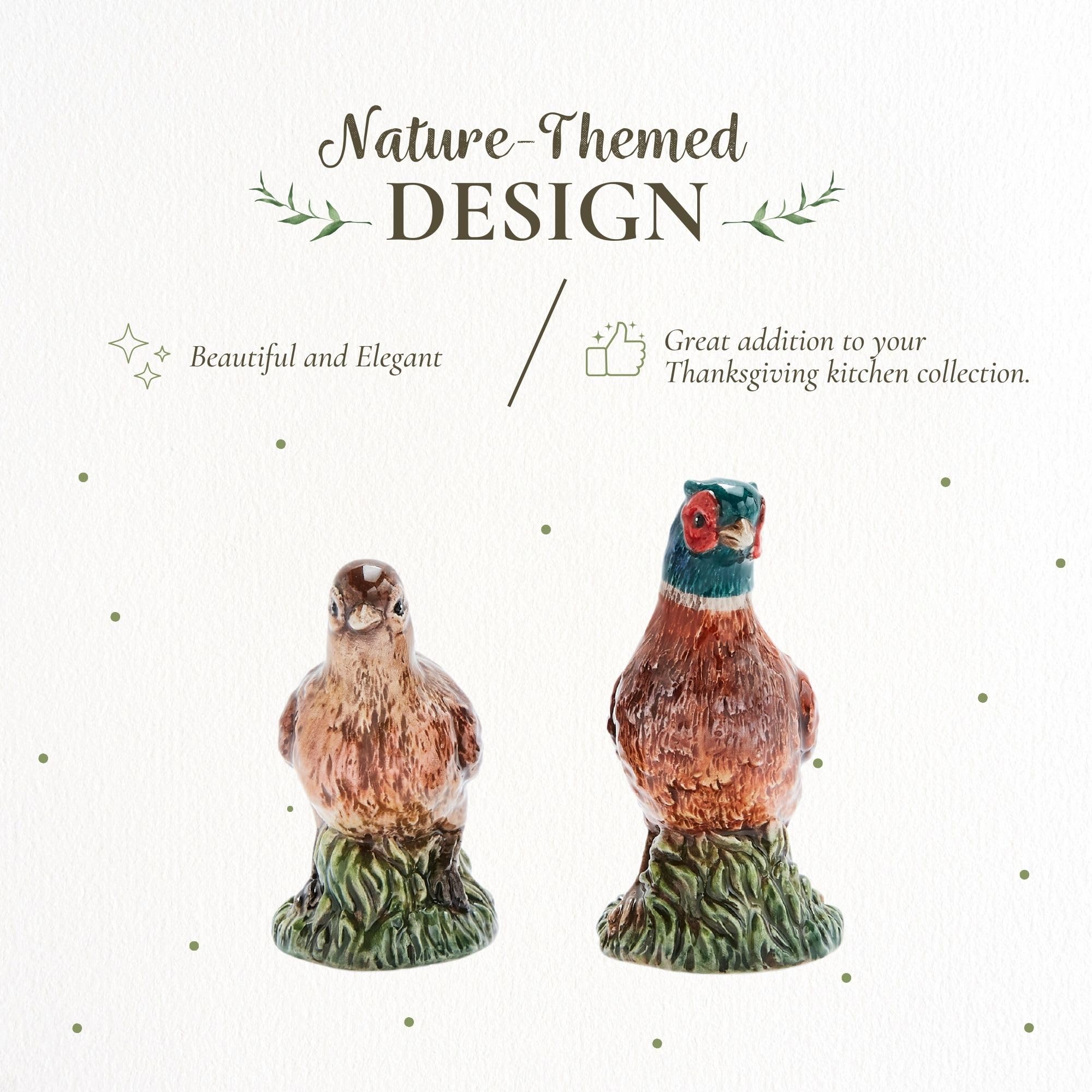 Spode Salero y pimentero en forma de faisán de 3.5 pulgadas, decoración de granja de cerámica dolomita para comedor formal, juego decorativo de sal y pimentero con tapones inferiores de fácil recarga,