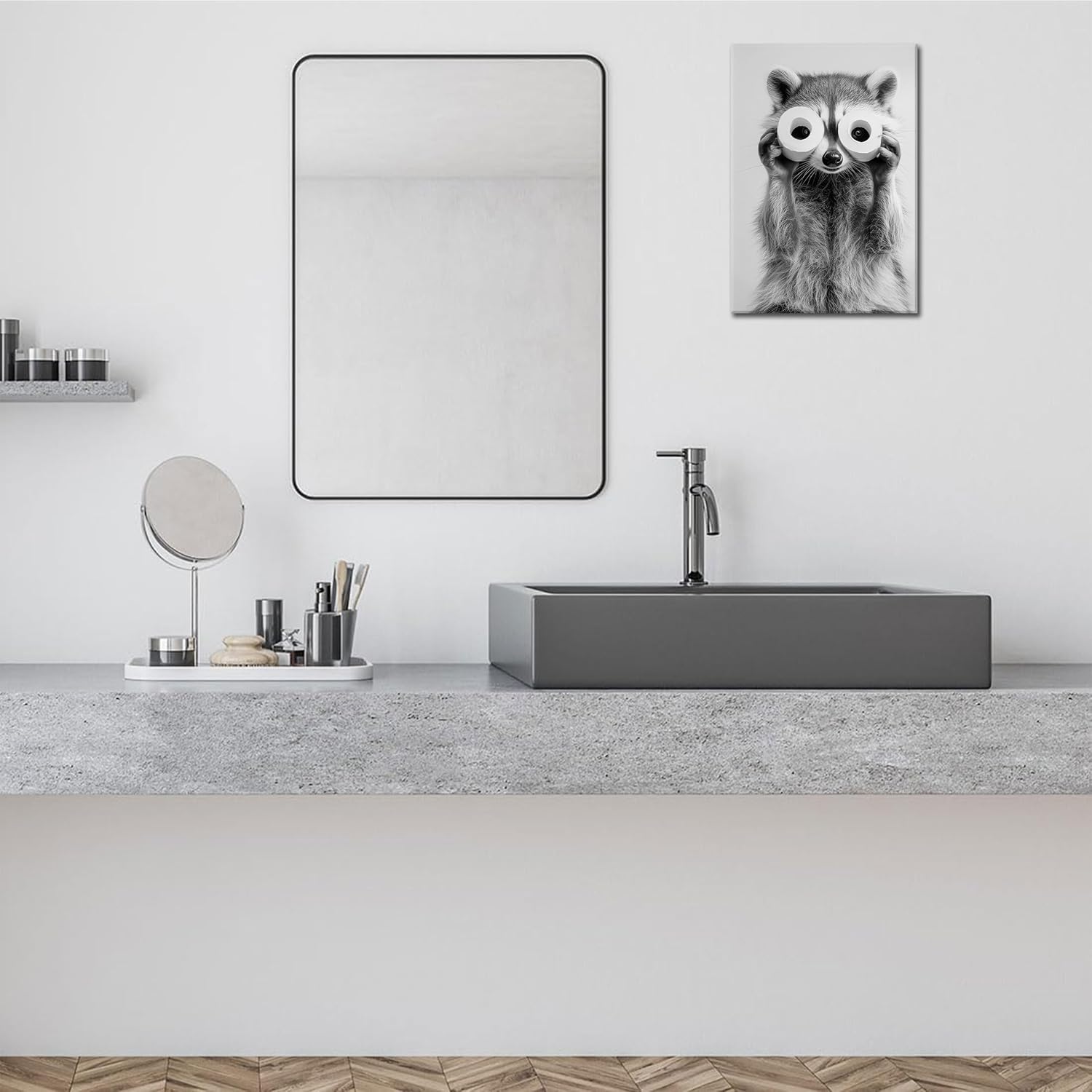 Adorable Raccoon Bathroom Canvas Wall Art Toilet Paper Raccoon Wall Decor Pictures Funny Black and White Bathroom Animal Posters Prints for Restroom Bathroom Home Decoration 16x24in - Image 2