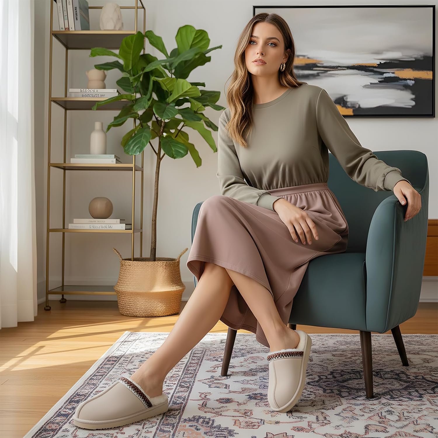 OOW Fuzzy Slippers for Women Cozy House Shoes Winter Warm Memory Foam Slipper for Indoor and Outdoor Faux Fur Mules Cute Fluffy Clogs - Image 2