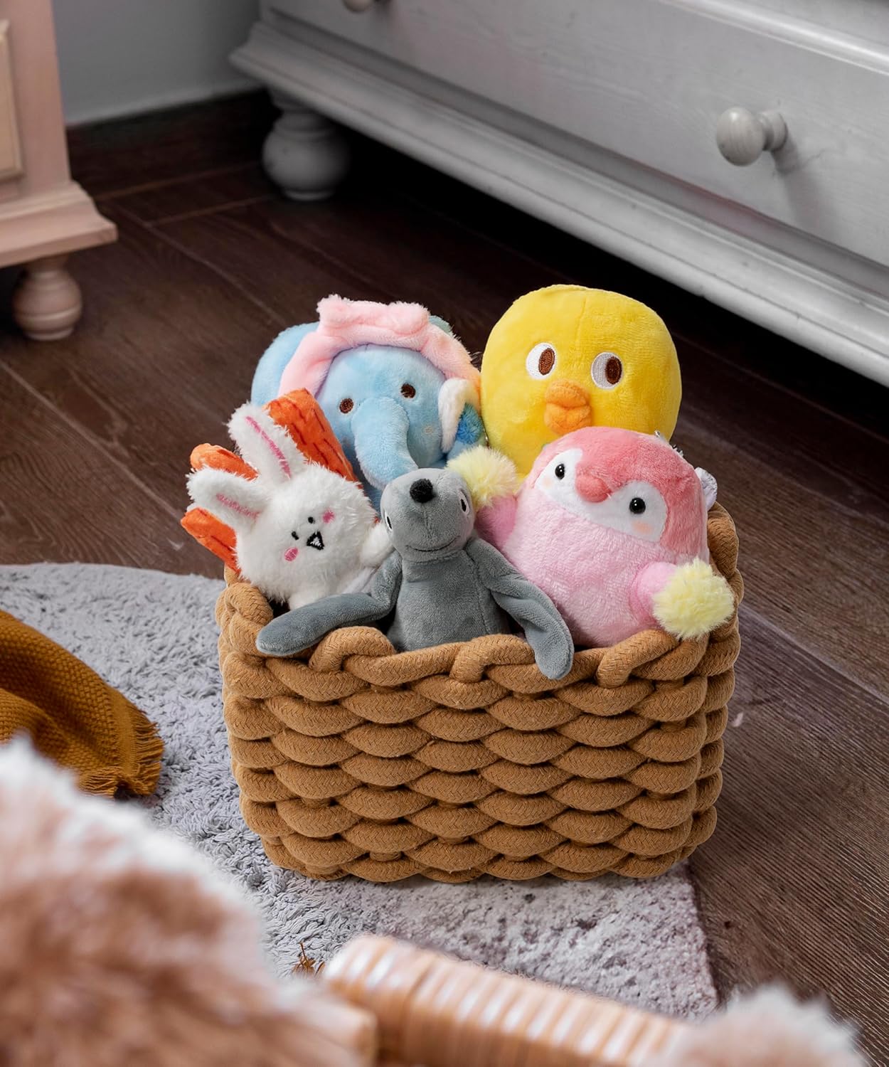 Small Macrame Woven Storage Baskets 2 Pack – Boho Cotton Rope Bins for Bathroom, Bedroom, Desk & Vanity Organizer – White & Khaki, 7x5.5x5 Inches