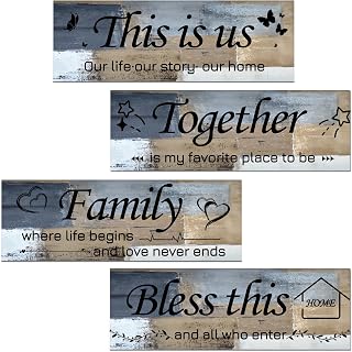 Lnond 4 Pieces Blue and Brown Abstract Living Room Wall Decor, Motivational Home Family Rustic Wall Art Decor for Bedroom Living Room, Rustic Wooden Farmhouse Home Decor, 12 x 4 Inch