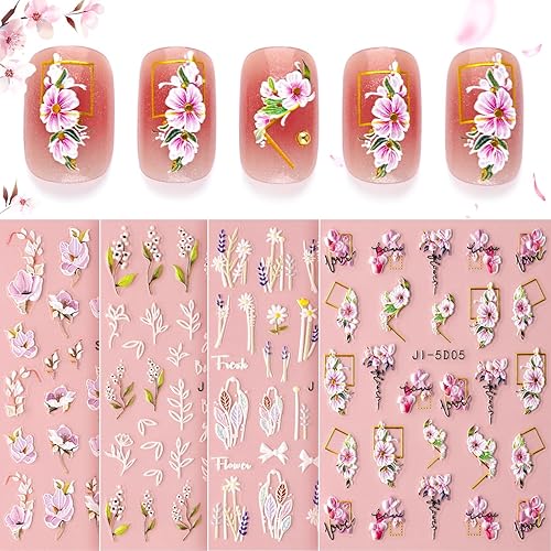 4 hojas de calcomanías de uñas de flores 5D para arte de uñas, calcomanías de uñas en relieve, calcomanías autoadhesivas, calcomanías de arte de disponible en Yaxa El Salvador