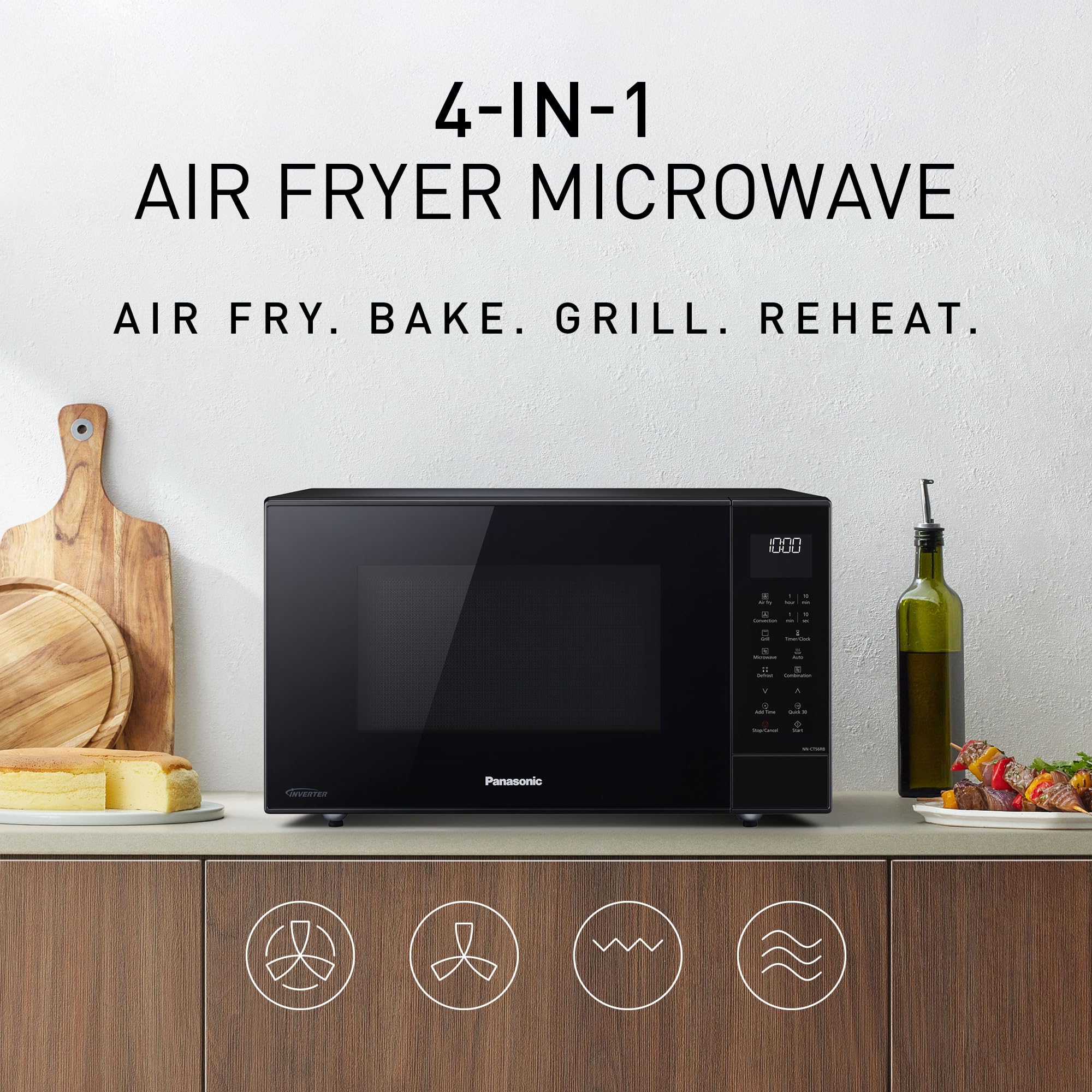 Panasonic NN-CT56RBEPG 27 l kuchenka mikrofalowa kombi 4 w 1 z Airfryer, inwerter 1000 W, 19 automatycznych programów, grill konwekcyjny, oszczędność miejsca, smukła konstrukcja, czarna