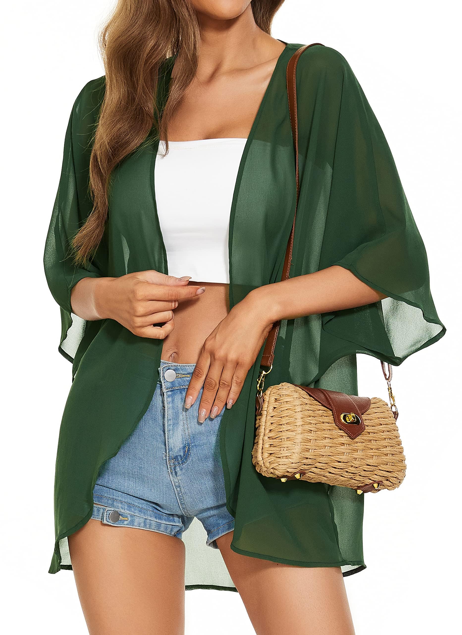 Damskie kimono, plażowe, szyfon, kardigan, kwiaty, topy, luźne peleryny, 1-solidny, ciemnozielony, M