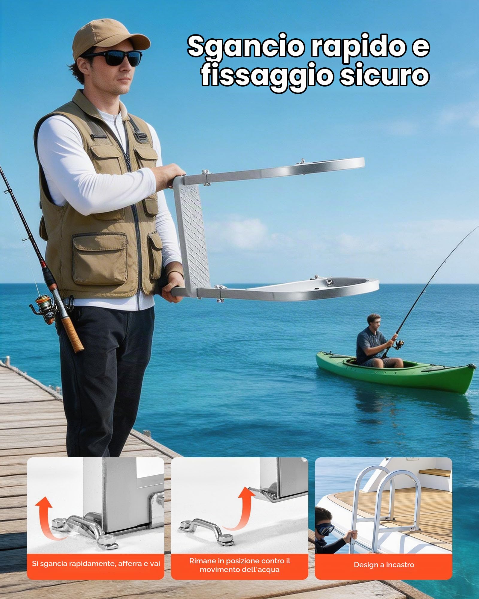 VEVOR Scaletta Smontabile per Molo, Scaletta Dritta da Pontile, 3 Gradini Ampi e Antiscivolo in PP, Portata Massima 227 kg, Struttura in Lega di Alluminio, Montaggio Semplice, per Laghi e Imbarcazioni