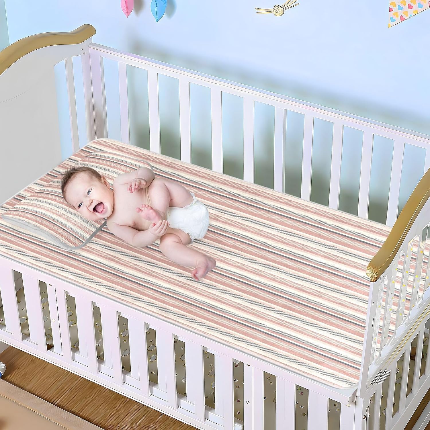 Baby Cooling Mat Striped Pattern Ice Silk Breathable Mesh Summer Crib Mattress Pad with Pillowcase, Soft Cooling Sleeping Surface for Infant & Toddler, 52"x28"