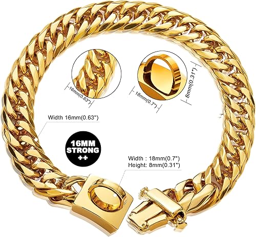 Miniatura 7 de Collar de perro con cadena de oro de 0.630 in, collar de perro de eslabones cubanos de oro de 18 quilates con hebilla de cierre seguro, cadena