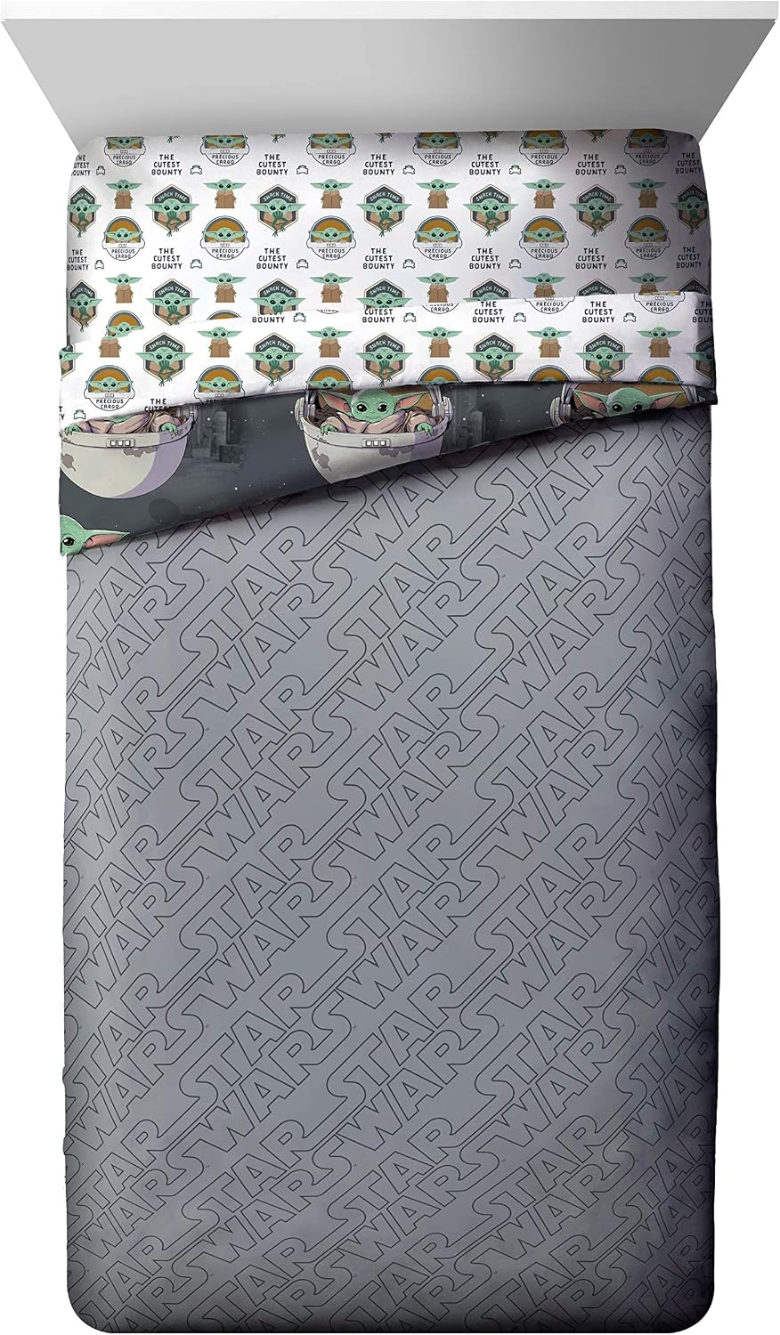 Jay franco StarWars The Mandalorian The Child 4 Piece Twin Bed Set-Includes Reversible Comforter&Sheet Set-Bedding Features Baby Yoda-Super Soft Fade Resistant Microfiber (Official StarWars Product)