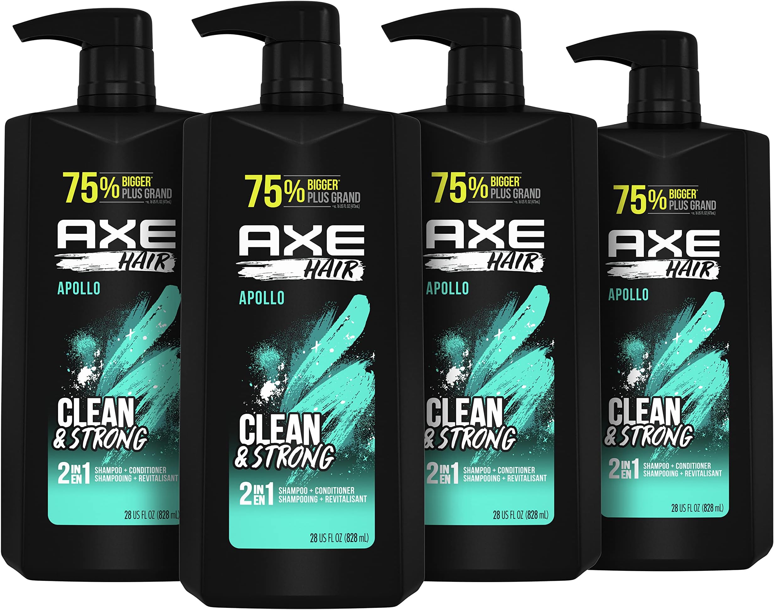 AXE2-in-1 Shampoo and Conditioner for Clean and Strong Hair Apollo Wash and Care Sage and Cedarwood 100 percent Recycled Bottle 28 oz 4 Count
