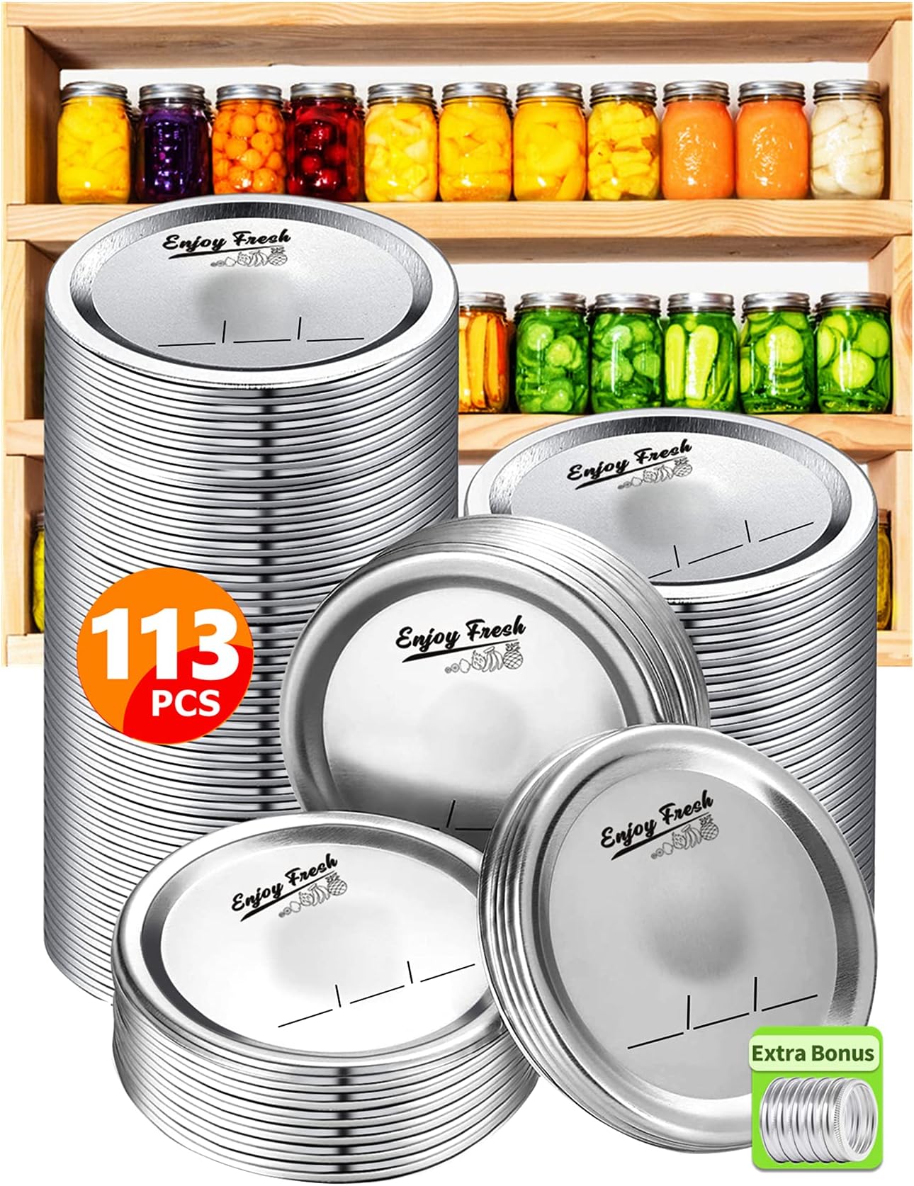 DRKIO Wide Mouth Canning Lids - 108 Count Mason Jar Lids and EXTRA 3 Bands 100% Fit For Ball Kerr Jars Food Grade BPA Free Material Airtight & Leak Proof Split-Type Metal Canning Jar Lids