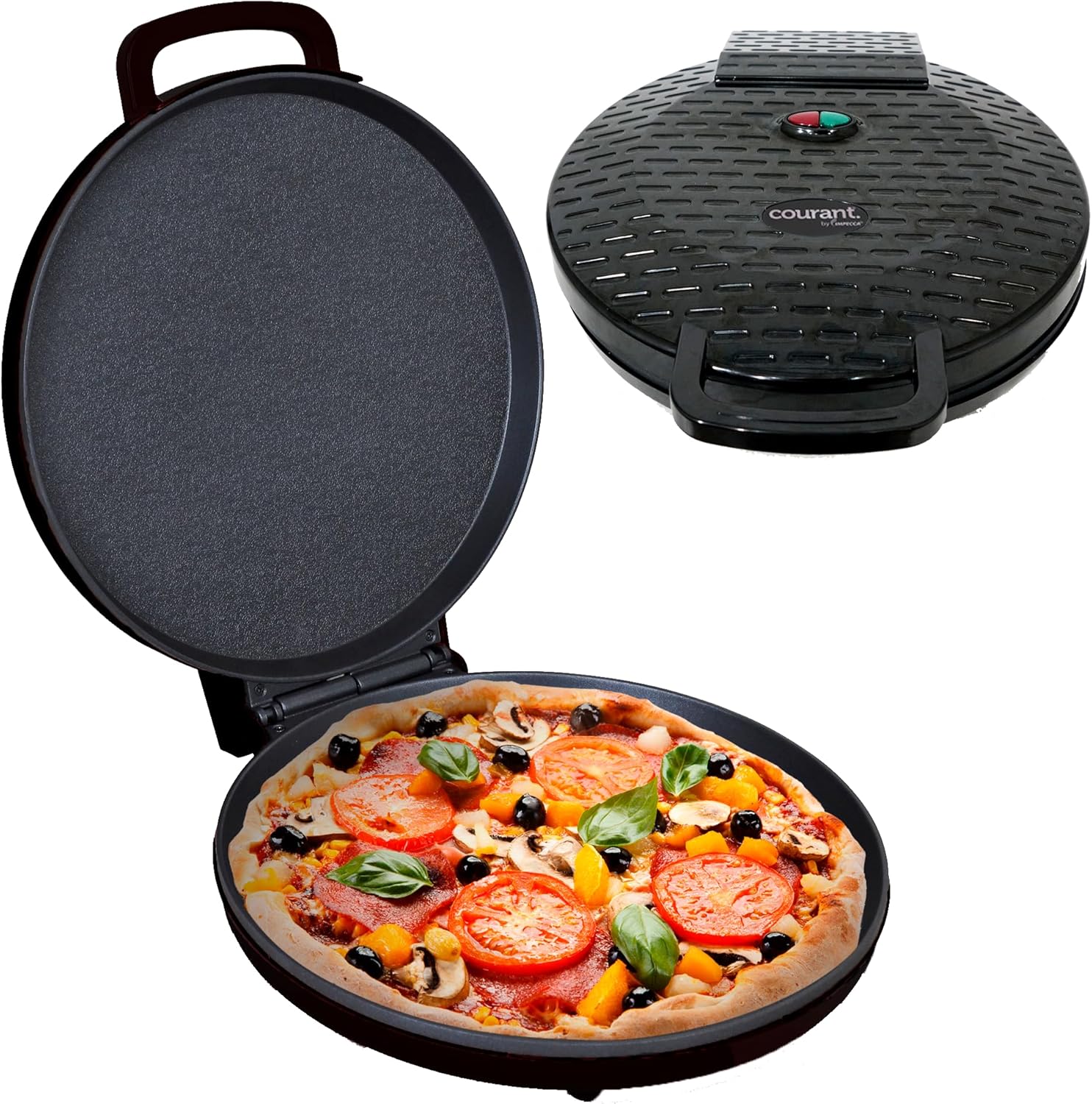 Courant Pizza Maker 12 inch 220 VOLT NOT FOR USA USE, Newly improved Cool-touch Handle Non-Stick plates Pizza oven & Calzone Maker, Electric Countertop Oven for Home or School, Indoor Griddle, Black
