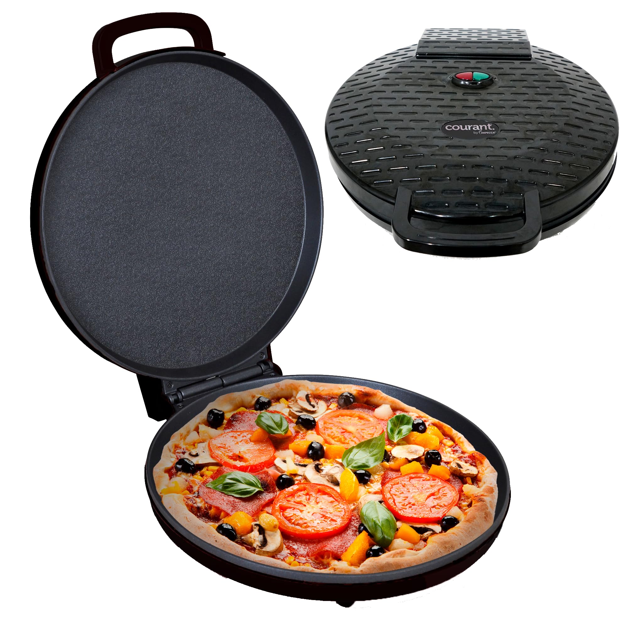 Courant Pizza Maker 12 inch 220 VOLT NOT FOR USA USE, Newly improved Cool-touch Handle Non-Stick plates Pizza oven & Calzone Maker, Electric Countertop Oven for Home or School, Indoor Griddle, Black