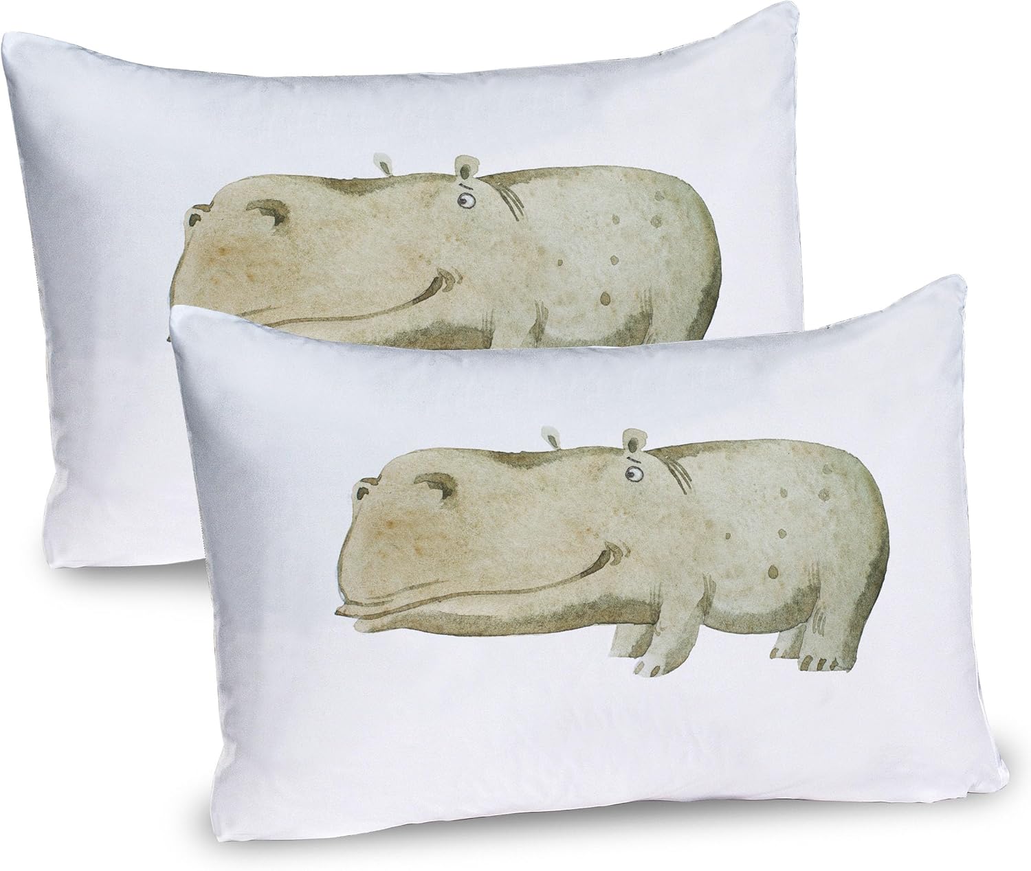 Ambesonne Hippo Pillow Sham Set of 2, Watercolor Style Illustration of Hand-Drawn Happy Hippo, Quality Microfiber Bedding Item for All Seasons, 26" x 20", Pale Sage Green Sepia