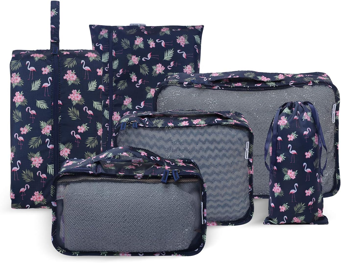 YOZOOM Travel Packing Cubes Luggage Bags Suitcase Organisers (6 Pcs) with Shoe Bag Laundry Bag Sock Bag (Flamingo-Navy Blue)