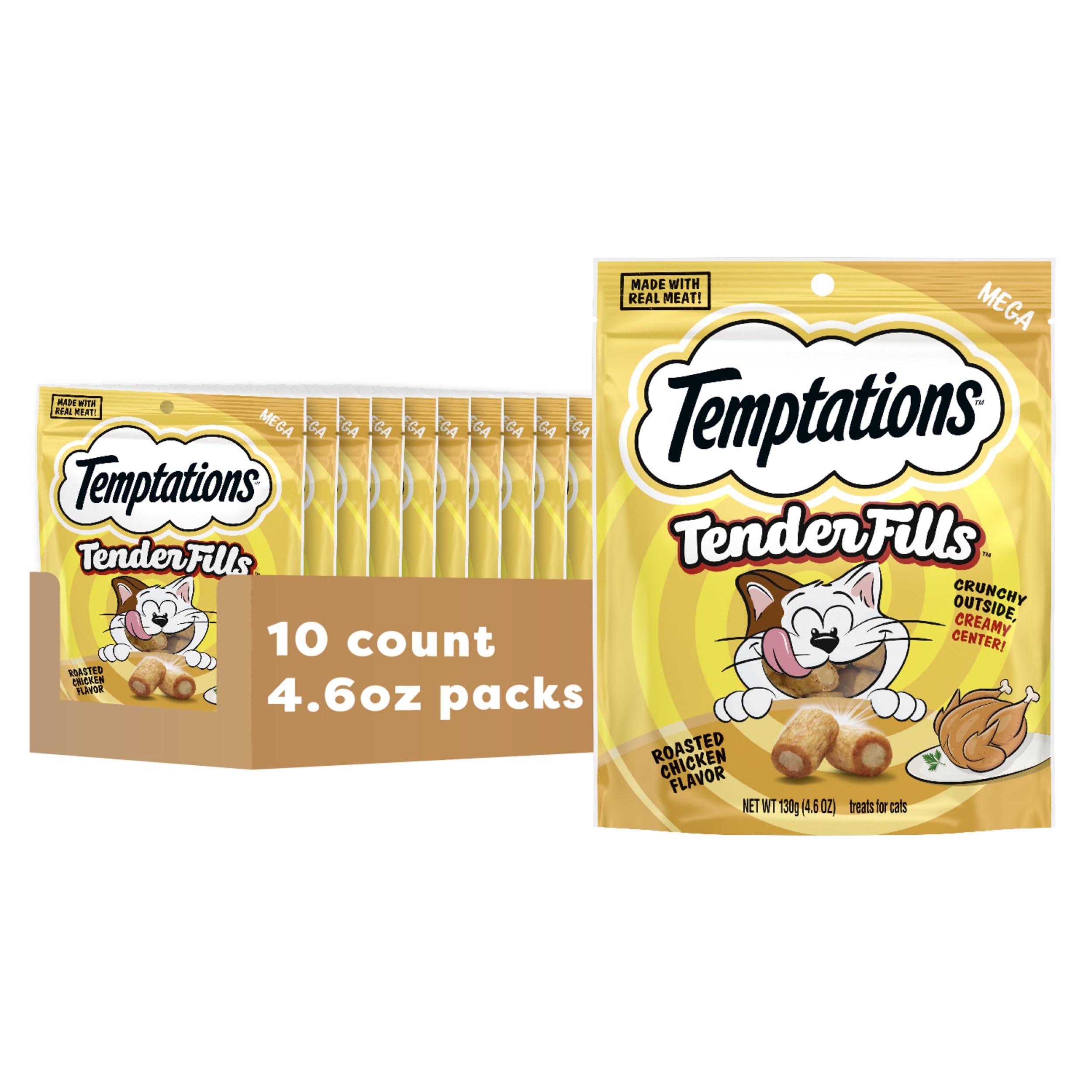 (best by 03/2026)Temptations Tender Fills Roasted Chicken Flavor Crunchy and Soft Adult Cat Treats, 4.6 oz. Pouch (Pack of 10)