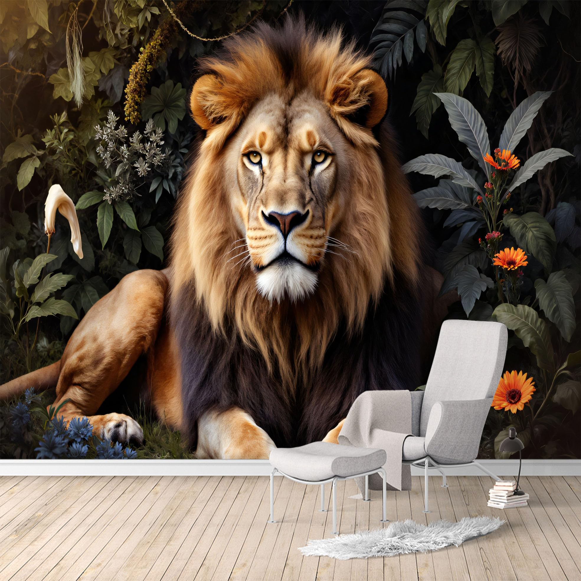 Custom Size Wall Murals,Majestic Lion Jungle Floral Wildlife Art,SelfAdhesive Water Activated Removable Wall Covering,Large Photo Wallpaper for Living Room Bedroom Office