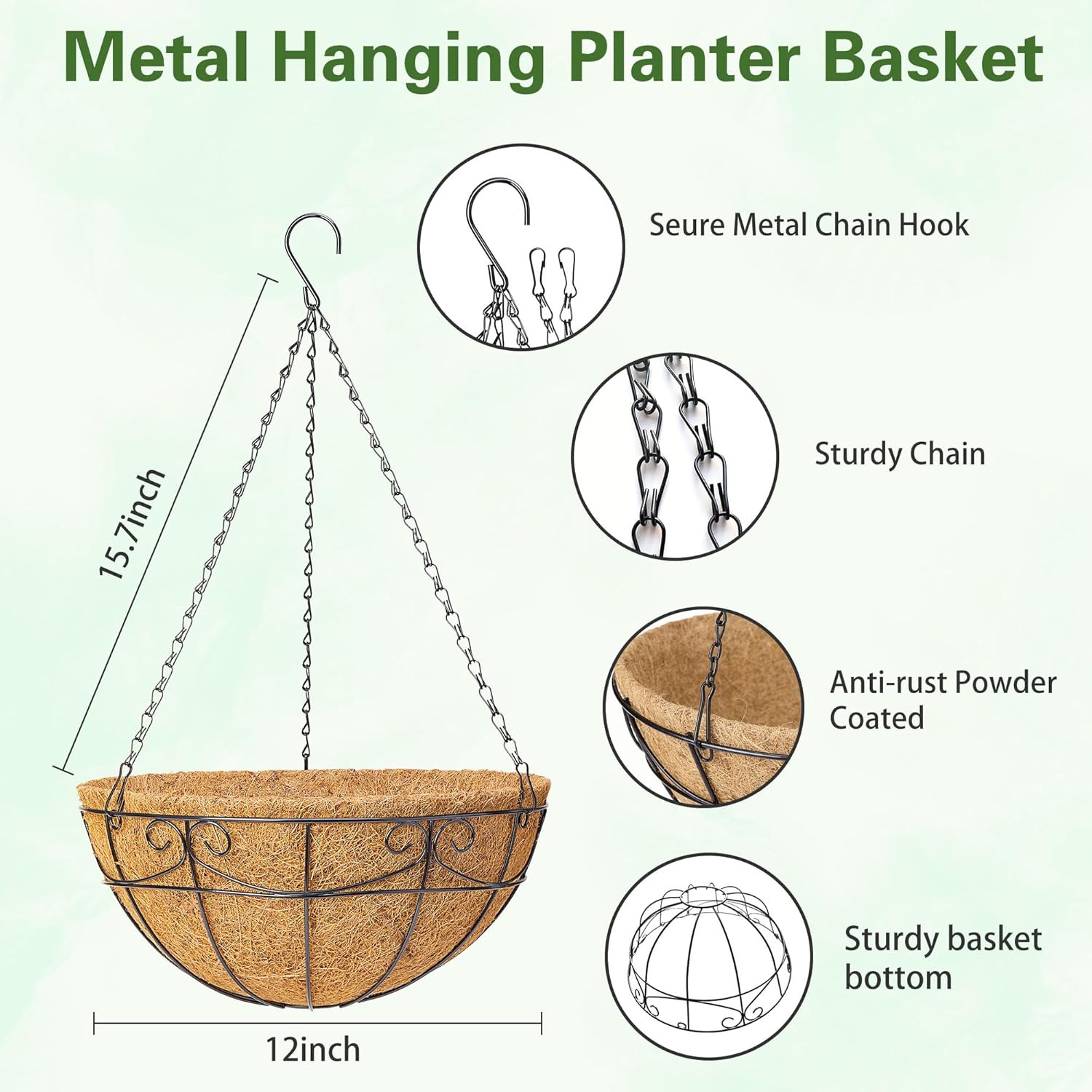 3 Pack 12 Inch Hanging Baskets for Plants Outdoor - Metal Hanging Planters for Outdoor Plants with Coco Liners - Heavy Duty Empty Hanging Flower Pots for Porch Patio Garden