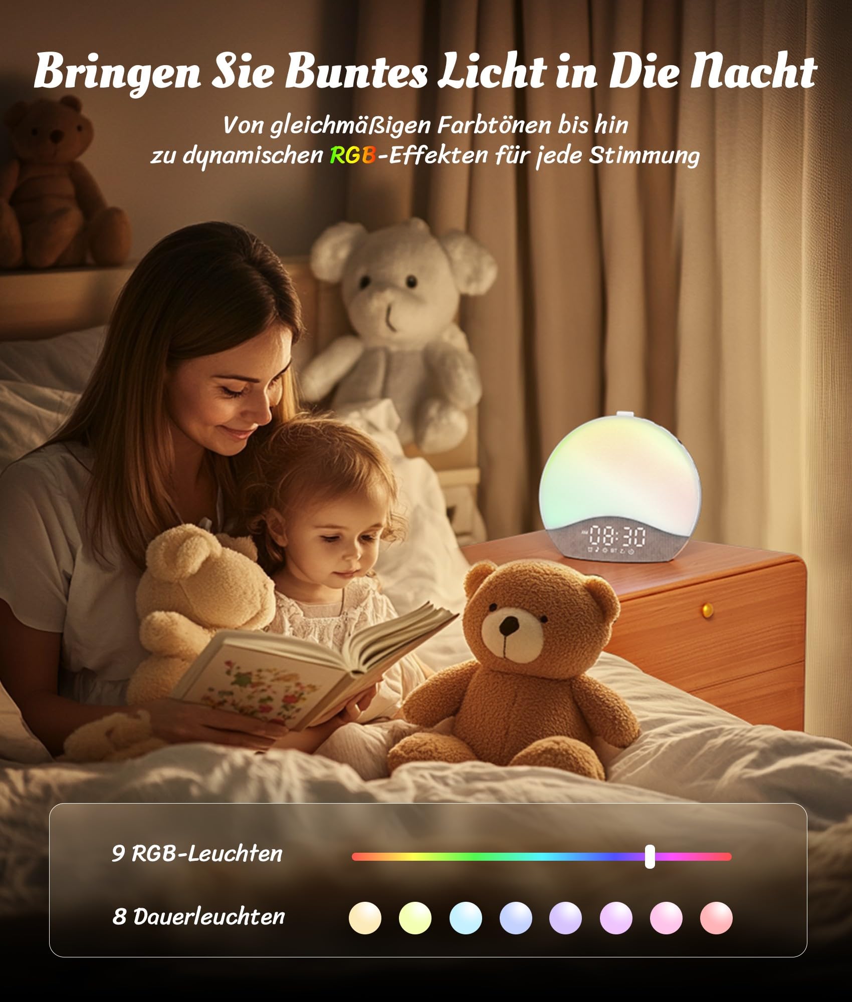 ecozy Tageslichtwecker, Bluetooth-Synchronisierung, 26 Beruhigende Klänge, Weißes Rauschen, 17 Nachtlichter, Sonnenaufgang Wecker