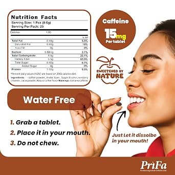 PriFa Sweet Latte Coffee Tablets Water-Free Coffee, Instant Coffee On-The-Go, Sugar-Free, Pocket-Friendly, Portable Caffeine Boost 15mg Caffeine, 25 Tablets