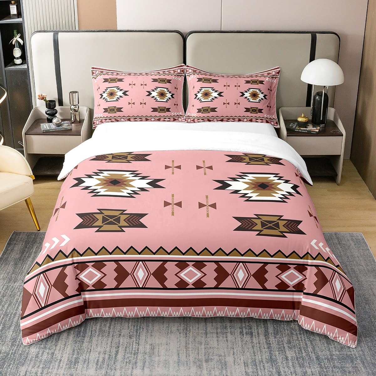 Bohemian Geometric 100 Percent Cotton Duvet Cover,Indian Theme Aztec Bedding Set,Ethnic Tribal Arrow Comforter Cover,Western Country Style Bed Sets with 1 Pillowcase Single Bedroom Decor,Pink