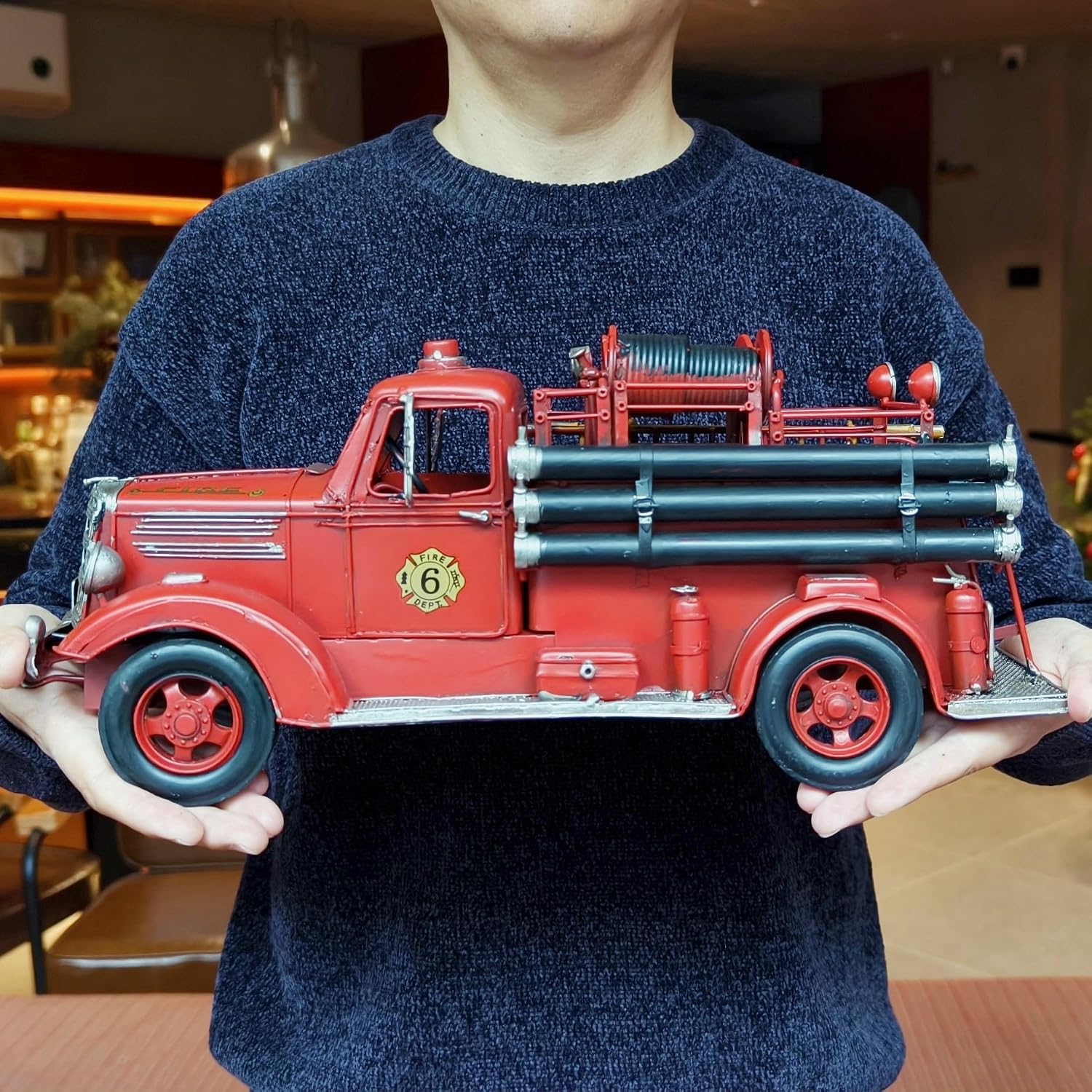 Vintage Handmade Fire Truck Model Iron Miniature Fire Fighting Truck Figurine Decor for Home Office Bar Collectible Decor