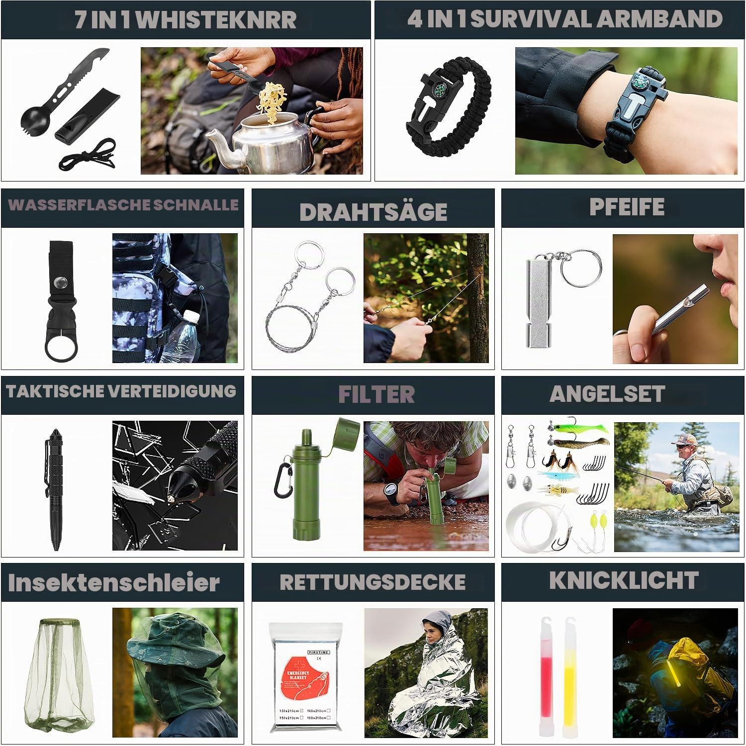Professionelles Survival-Ausrüstungsset - Erste-Hilfe-Set und großer Campingrucksack, Campingausrüstung für Abenteuer, Outdoor, Wandern, Abenteurer