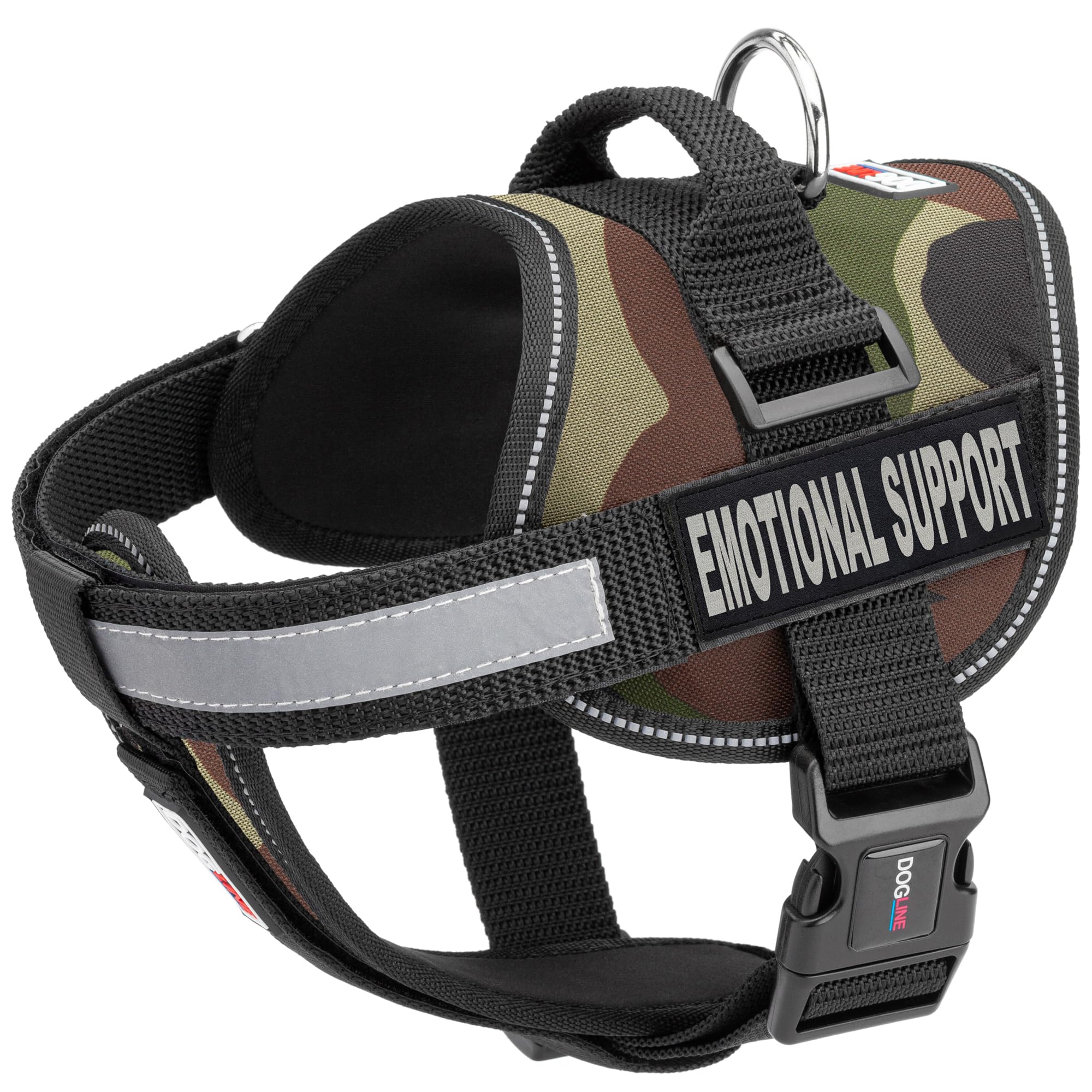 Dogline Unimax Dog Harness Vest with Emotional Support Patches Adjustable Straps Breathable Neoprene for Identification Training Dogs Girth 18 to 25 in Green Camo