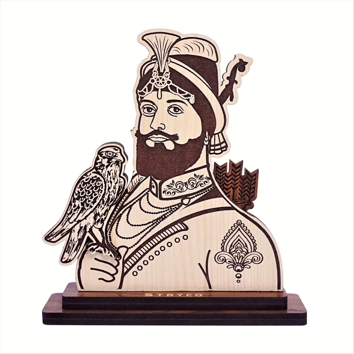 STRYCO GURU GOBIND SINGH JI TABLE TOP CARVED PHOTO | WOODEN FIGURINE | IK ONKAR | SIKH GIFT IDEAS | PUNJABI HOME DECOR GIFT ITEMS | TENTH SIKH GURU | KHANDA | 6x8Inches