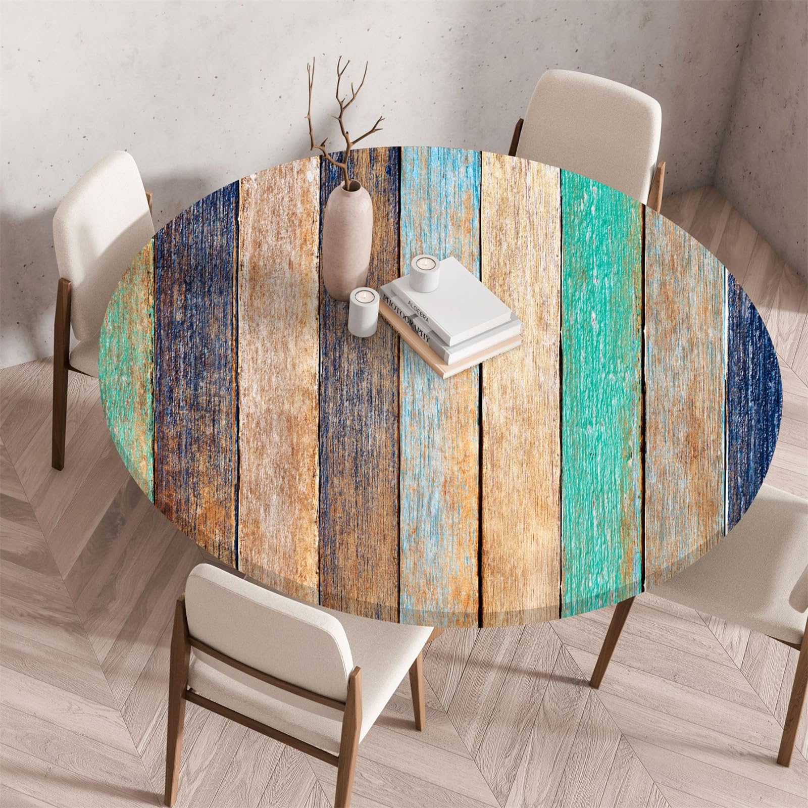 Muiuou Round Tablecloth, Wood Texture Printing Reusable Waterproof Oil-Proof Elastic Round Table Cover Cloth, Fitted Kitchen Restaurant Picnic Home Decoration