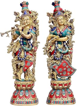 Radha Krishna Statue Large, 46 cm Big Size Brass Divine couple Radha Krishna Idol, Home Entrance Decor, Multicolor Studded work Golden brown finish Sculpture Anniversary Hindu Marriage gift