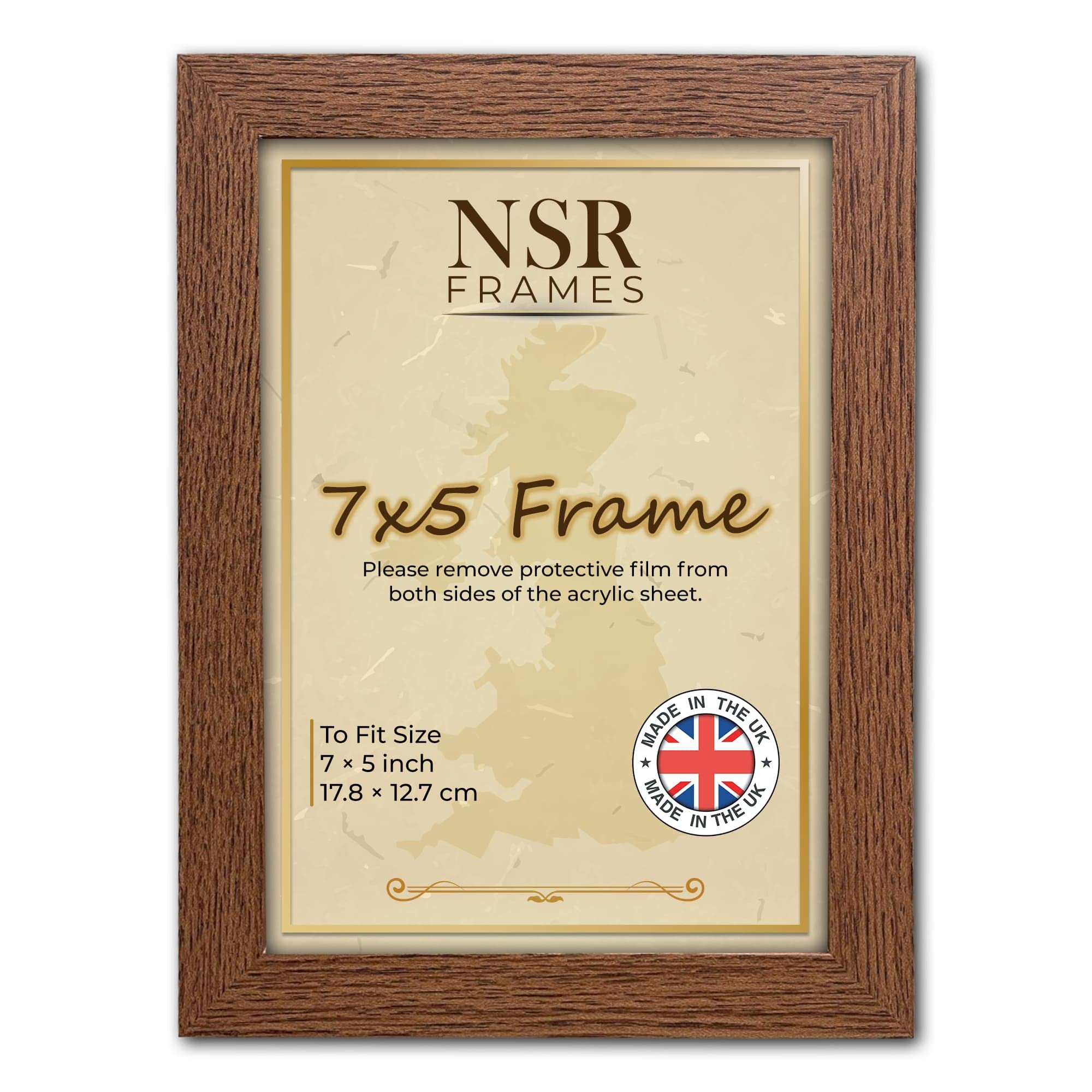 NSR 7x5 Inch Dark Oak Picture Photo Frame (17.8x12.7 cm) - Flat Wall Mount Hang Hooks & Free Tabletop Stand Poster MDF Wooden Portrait/Panoramic Clear Acrylic Display