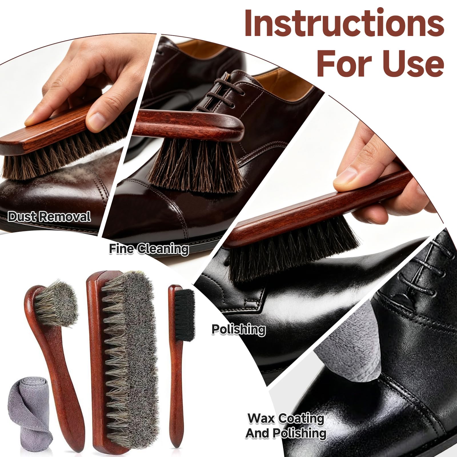 Juego De 4 Cepillos para Zapatos, Kit De Limpieza De Zapatos Cerdas De Crin De Caballo, Cepillos De Cerdas Naturales para Pulir Zapatos, Limpiar Cuero y Muebles