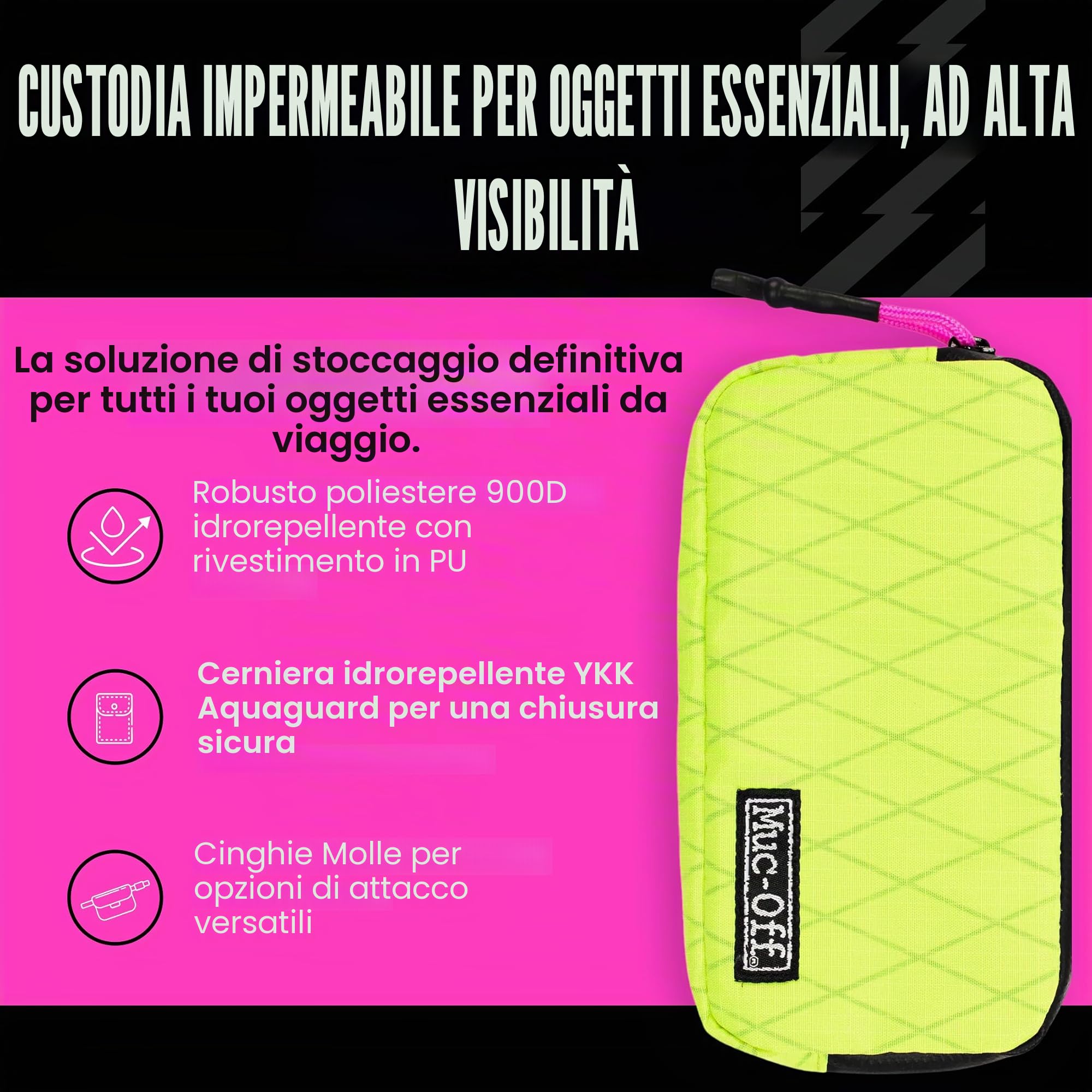 Muc-Off Rainproof Essentials Case - Borsa Bici Neon in Poliestere 900D Idrorepellente - Borsa Porta Attrezzi per Bici Ideale per la Conservazione di Tubi di Ricambio, Leve per Pneumatici e Telefono