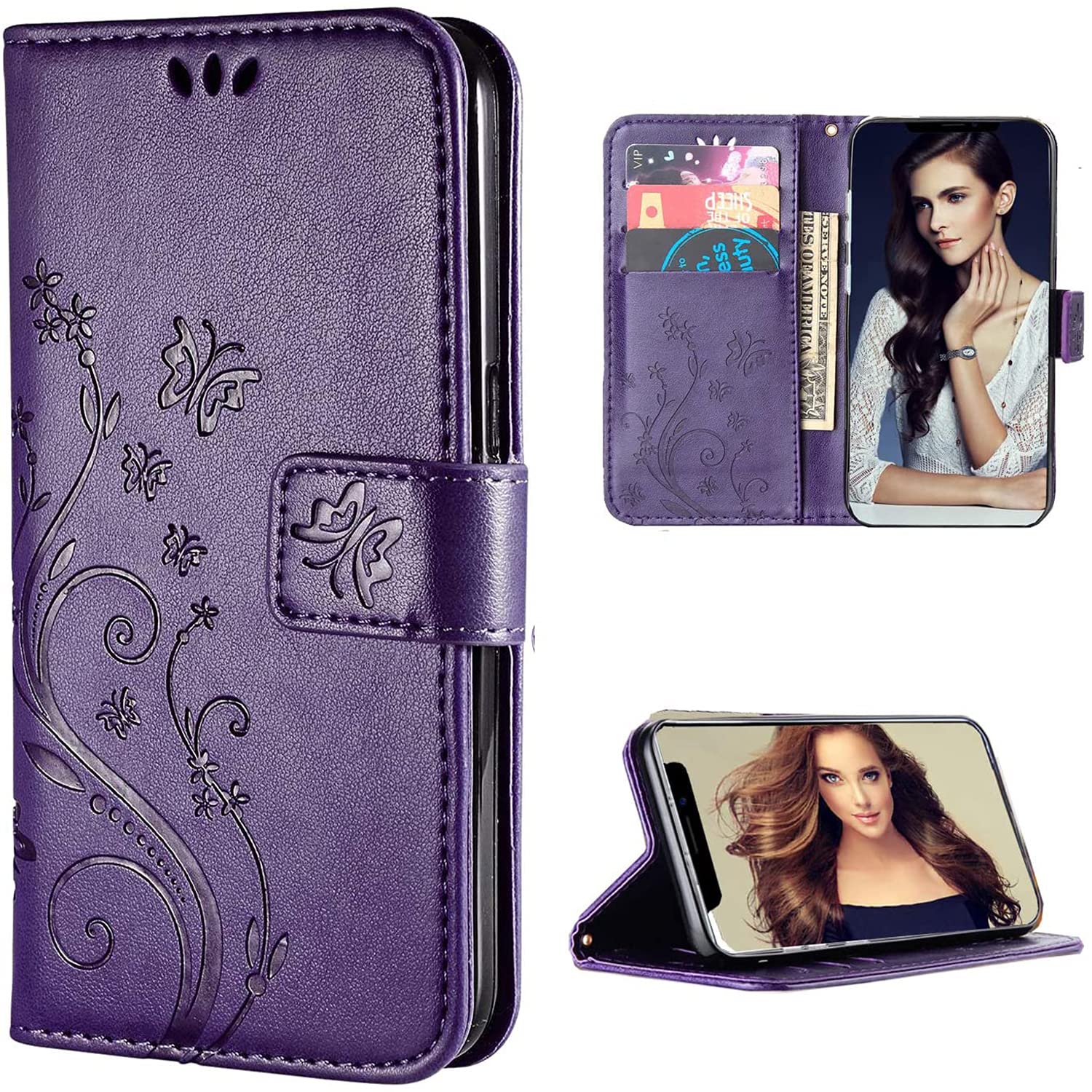 FLYEECase Compatible with iPhone 13 Pro (6.1 inch,2021 Release),Convertible Stand Flowers Wallet Case for Women and Girls with Card Holder,Butterfly Floral Protective Leather Flip Case -Purple