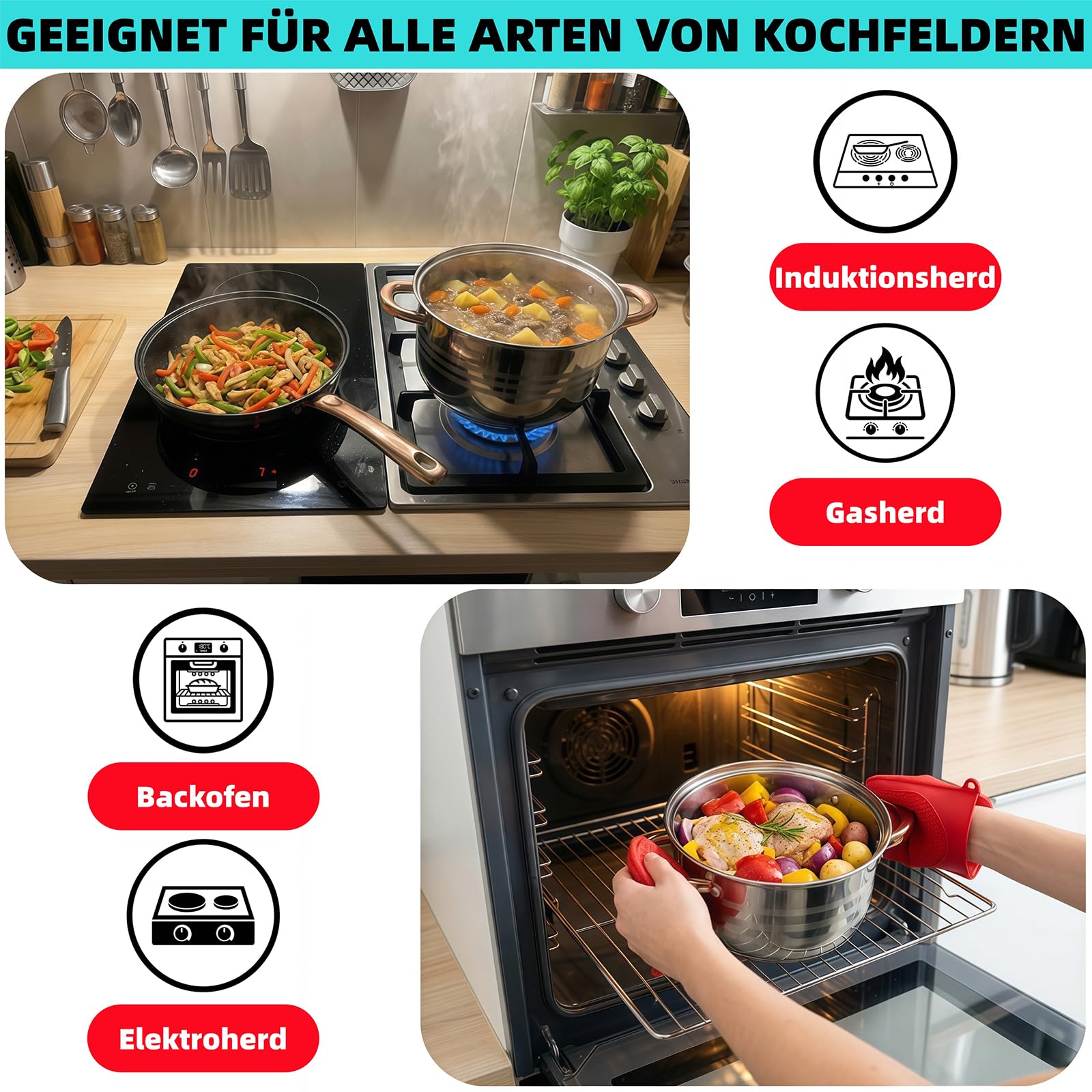 9-teiliges Edelstahl Topfset Induktion - Kochtopf Set, für Alle Herdarten | Lebensmittelechter Edelstahl, Glasdeckel mit Dampföffnung, Extra Dicker Boden, Wärmeisolierter Griff, Robust und Langlebig