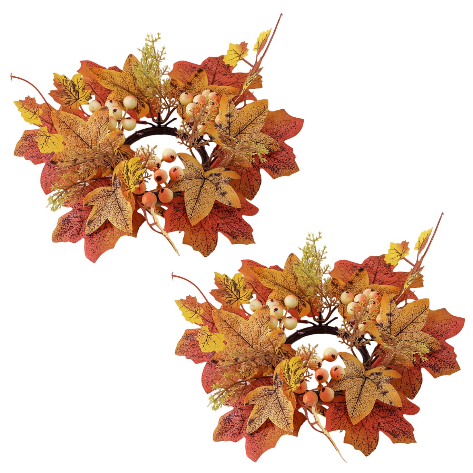 Monwssoe Halloween Decor, 2Pcs Fall Candle Ring 9.8 Inch Autumn Candle Ring Artificial Maple Leaf Wreath Thanksgiving Holder Mini Fall Wreath for Pillars Centerpiece Tabletop Decoration